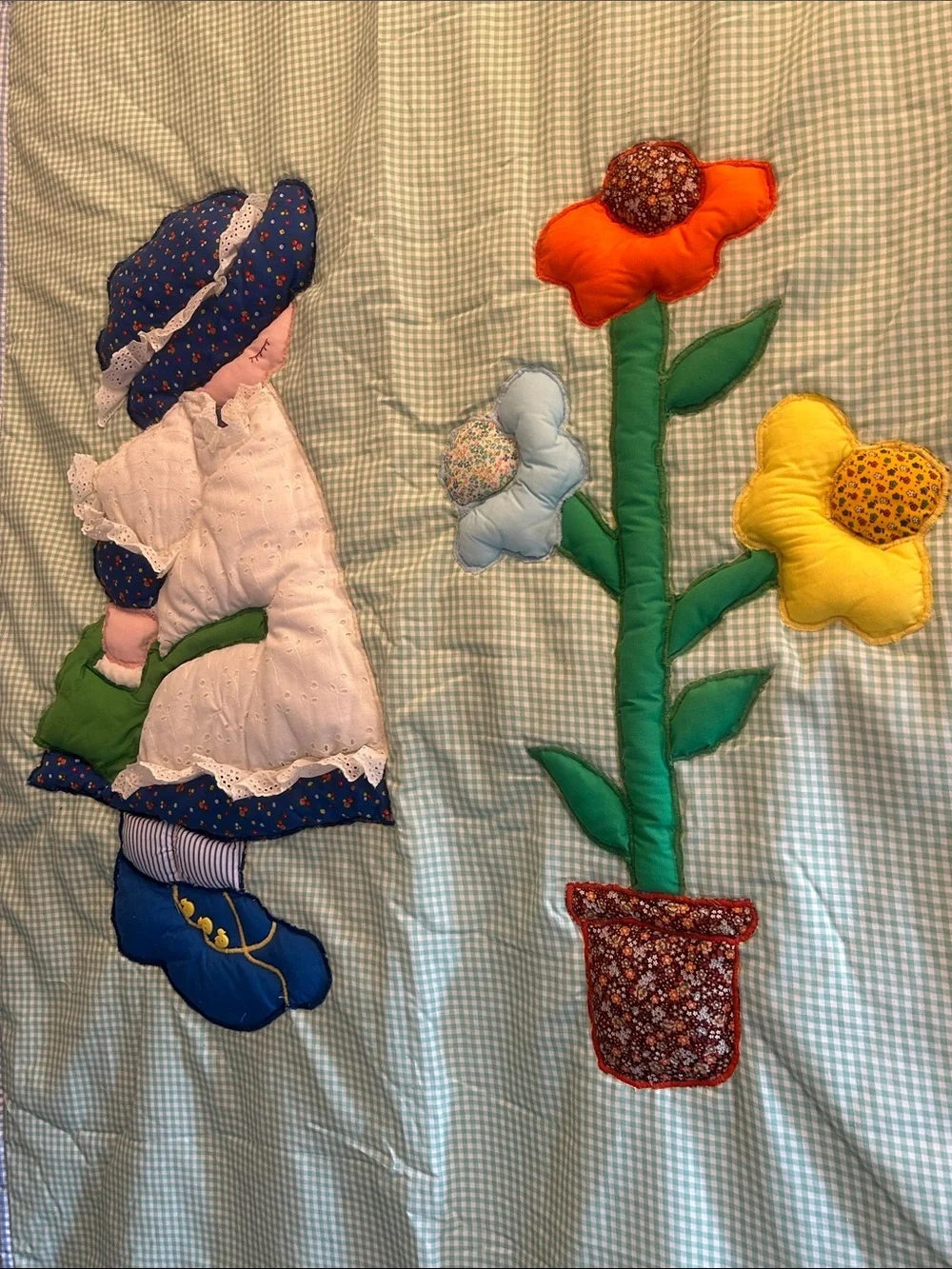 Handmade Quilted Appliqué Floral & Sunbonnet Girl Gingham Full Bedspread